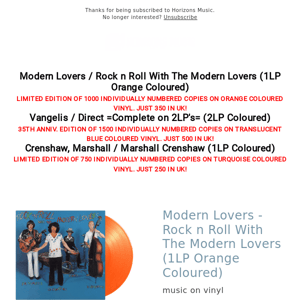 LIMITED COLOURED NUMBERED | Modern Lovers | Vangelis | Marshall Crenshaw