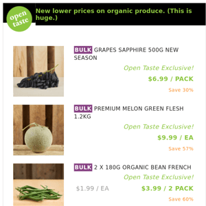 GRAPES SAPPHIRE 500G NEW SEASON ($6.99 / PACK), PREMIUM MELON GREEN FLESH 1.2KG and many more!