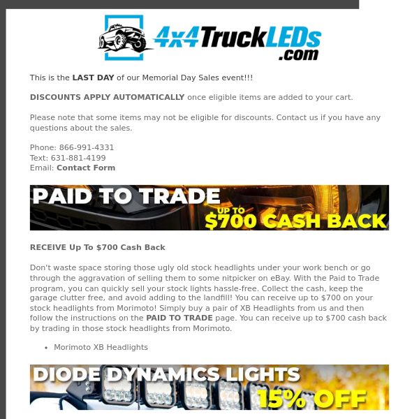 Last Day to SAVE 15% on Diode Dynamics, CrystaLux, KR Off-Road & More | 4x4TruckLEDs.com