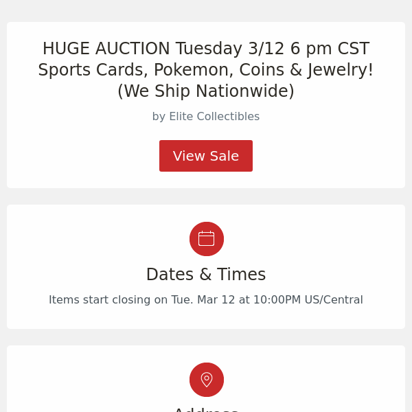 HUGE AUCTION Tuesday 3/12 6 pm CST Sports Cards, Pokemon, Coins & Jewelry! (We Ship Nationwide)