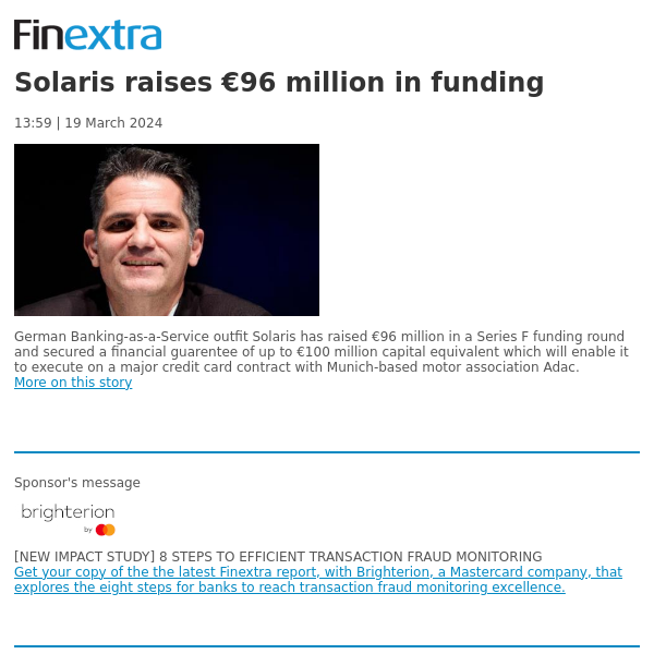 Finextra News Flash: Solaris raises €96 million in funding