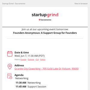 Event Tomorrow: Founders Anonymous:  A Support Group for Founders