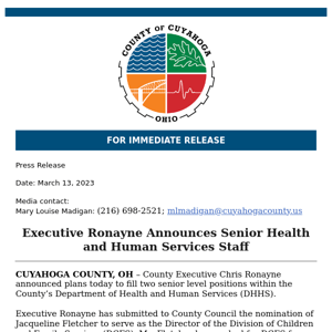 RELEASE: Executive Ronayne Announces Senior Health and Human Services Staff