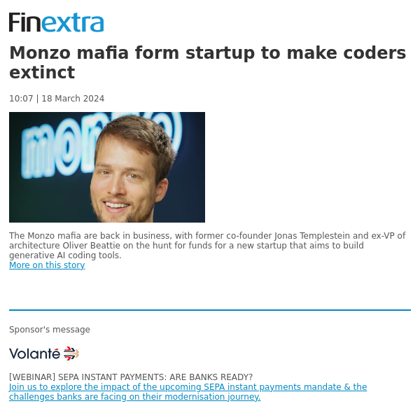 Finextra News Flash: Monzo mafia form startup to make coders extinct