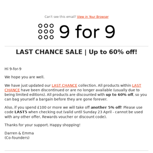 Last Chance Sale | Up to 60% off