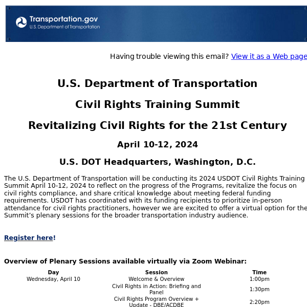 Invitation: Virtual Sessions at the USDOT Civil Rights Training Summit 