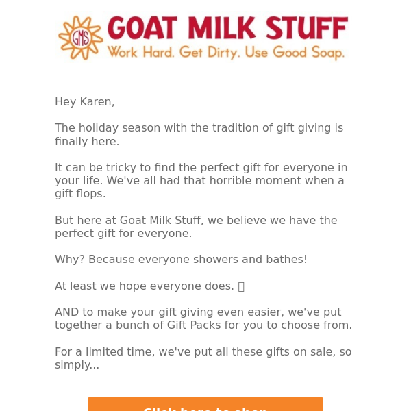 Take 25% off Holiday gifts from Goat Milk Stuff