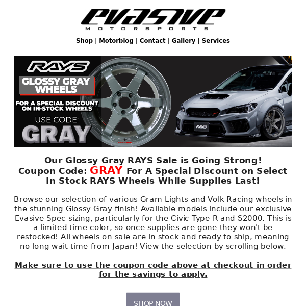 Special Discount on In-Stock Glossy Gray RAYS Wheels!