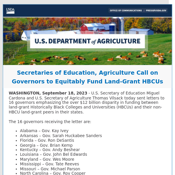 Secretaries of Education, Agriculture Call on Governors to Equitably Fund Land-Grant HBCUs