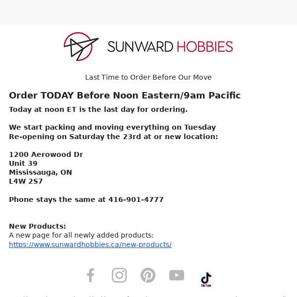 Sunward Hobbies Last Time to Order Before Our Move