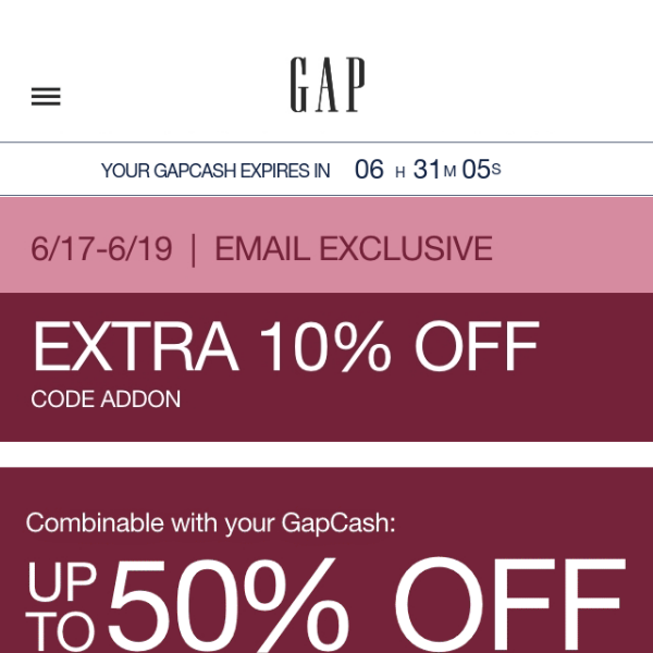 Redeem your GapCash code before it expires + combine w/ up to 50