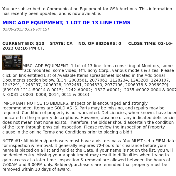 GSA Auctions Communication Equipment Update