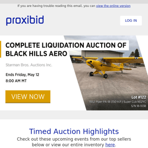 Proxibid’s Timed Auction Highlights: Planes, Construction Equipment, Vehicles, RVs & More