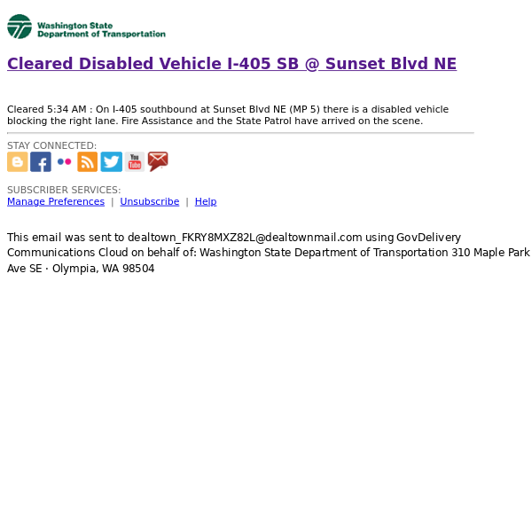 Disabled Vehicle I-405 SB @ Sunset Blvd NE