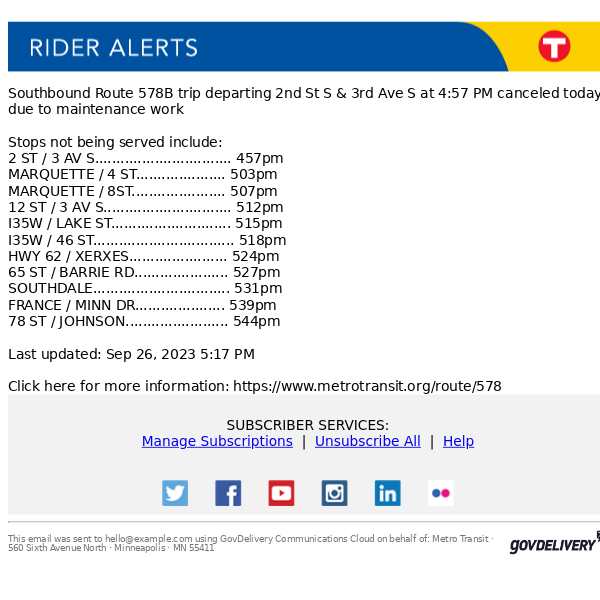 Route 578 trip departing 2nd St S & 3rd Ave S at 4:57 PM canceled