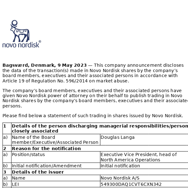 Novo Nordisk A/S: Trading in Novo Nordisk shares by board members, executives and associated persons