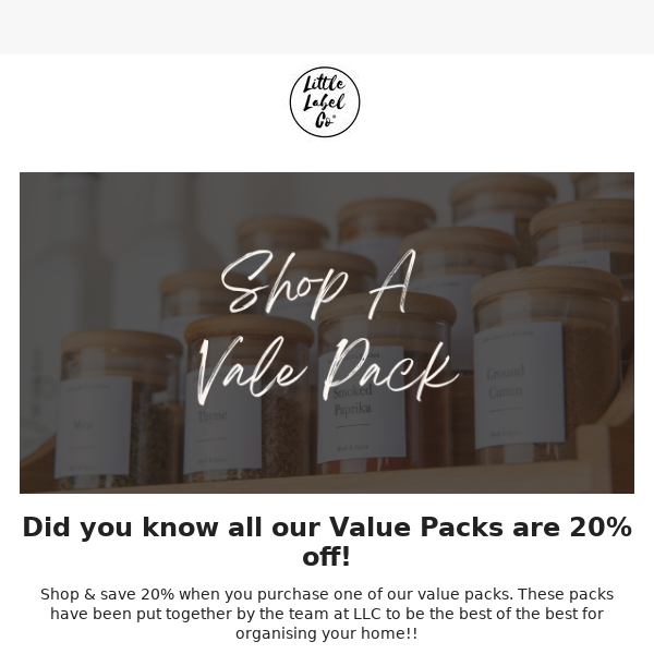 Shop & Save 20% off Value Packs