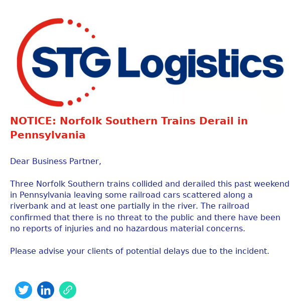 NOTICE: Norfolk Southern Trains Derail in Pennsylvania