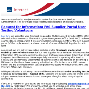 GSA Interact Update: Multiple Award Schedule - Request for Information: FAS Supplier Portal User Testing Volunteers