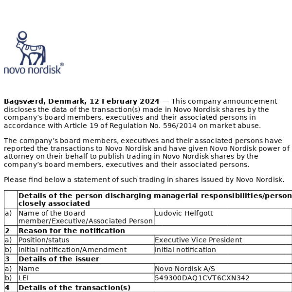 Novo Nordisk A/S: Trading in Novo Nordisk shares by board members, executives and associated persons