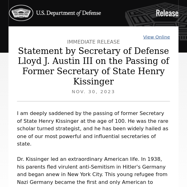 Statement by Secretary of Defense Lloyd J. Austin III on the Passing of Former Secretary of State Henry Kissinger