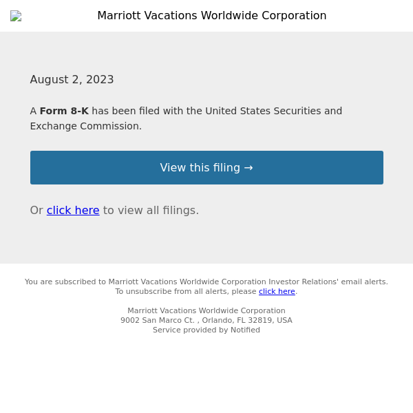 New Form 8-K for Marriott Vacations Worldwide Corporation