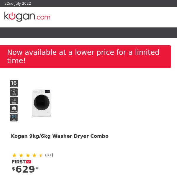 PRICE DROP: Kogan 9kg/6kg Washer Dryer Combo & More