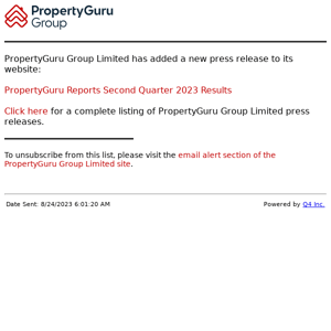 PropertyGuru Group Limited - PropertyGuru Reports Second Quarter 2023 Results