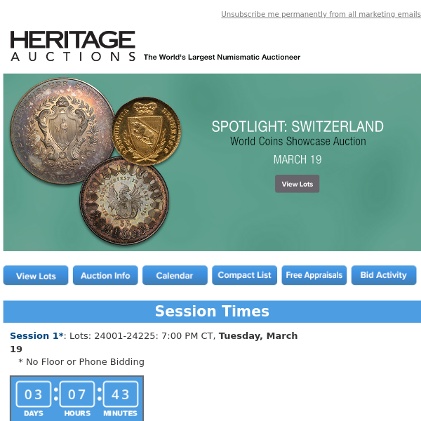 Ending Soon: March 19 Spotlight: Switzerland World Coins Showcase Auction