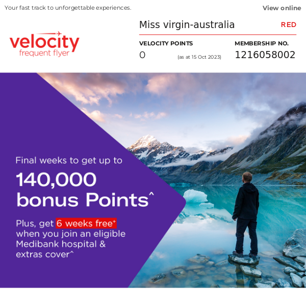 Virgin Australia, get up to 140,000 Velocity Points & 6 weeks free