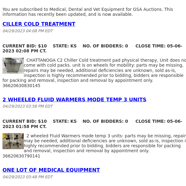 GSA Auctions Medical, Dental and Vet Equipment Update