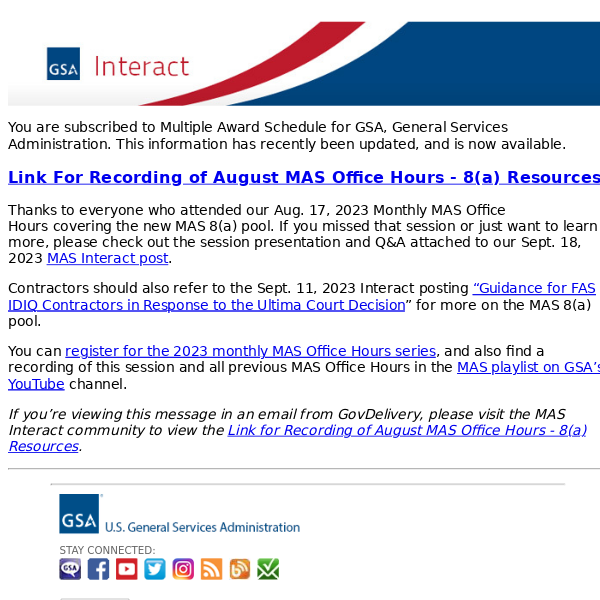 GSA Interact Update: Link for recording of August MAS Office Hours - 8(a) Resources