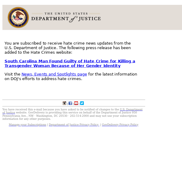 U.S. Department of Justice Hate Crime News Update