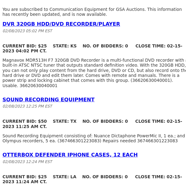 GSA Auctions Communication Equipment Update