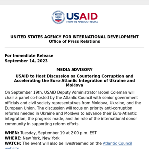 MEDIA ADVISORY: USAID to Host Discussion on Countering Corruption and Accelerating the Euro-Atlantic Integration of Ukraine and Moldova