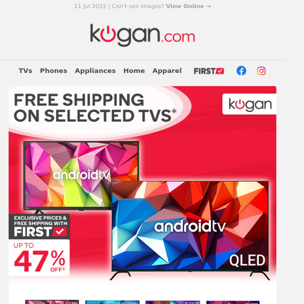 Free Shipping on TVs from $209 in Kogan First Week Sale | 4K Android TVs & More*