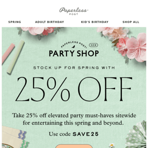 Take 25% off spring party supplies