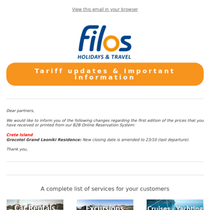 B2B Filos Holidays & Travel | Tariffs update & Important information