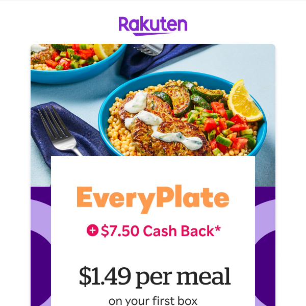 EveryPlate: $1.49 per meal + $7.50 Cash Back