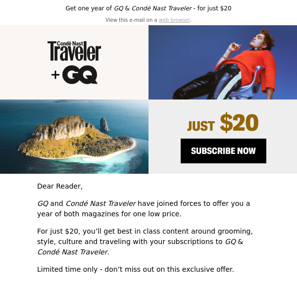 Don't Miss Out: GQ and Condé Nast Traveler for just $20