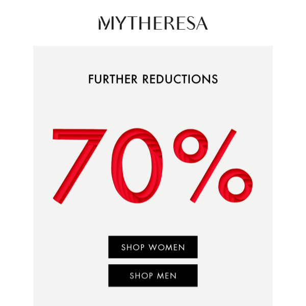Further reductions, sale now up to 70% off