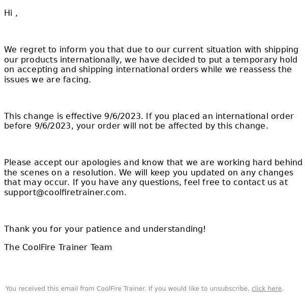 International Shipping on Hold