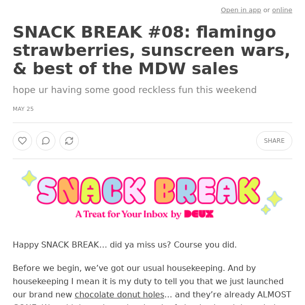 SNACK BREAK #08: flamingo strawberries, sunscreen wars, & best of the MDW sales