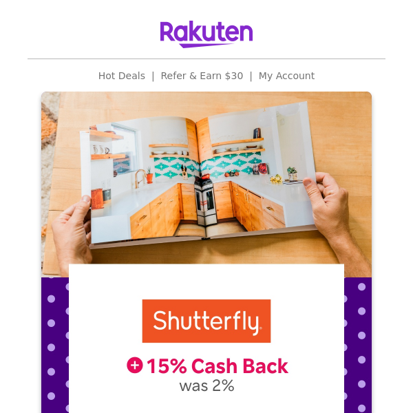 Shutterfly: 15% Cash Back + 41% off your first order
