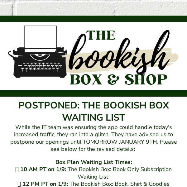 POSTPONED: Bookish Box Waiting List