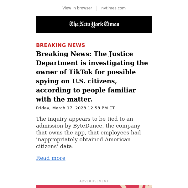 Breaking News: Justice Dept. investigating TikTok’s owner over possible spying on Americans