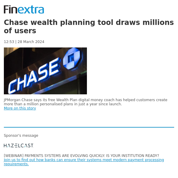 Finextra News Flash: Chase wealth planning tool draws millions of users