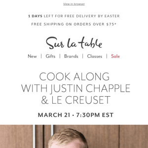 Join us tomorrow with Justin Chapple and Le Creuset.