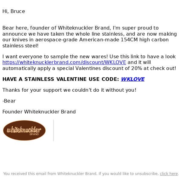 Whiteknuckler Brand STAINLESS Valentines!