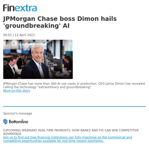 Finextra News Flash: JPMorgan Chase boss Dimon hails 'groundbreaking' AI